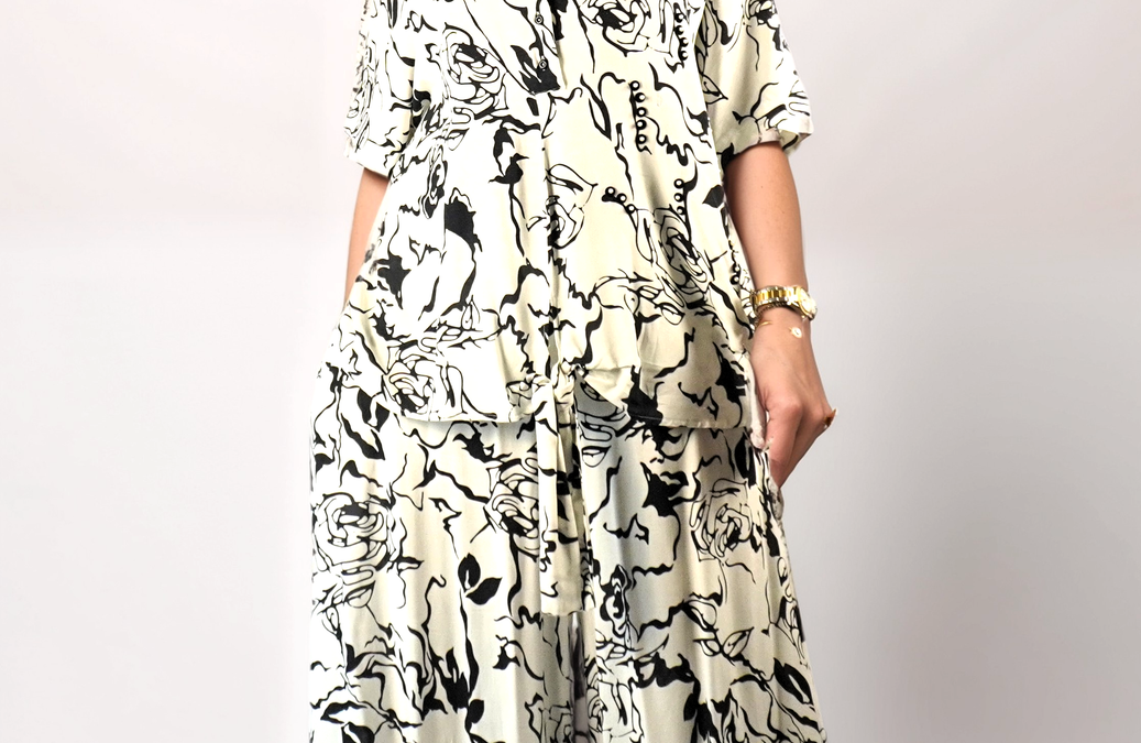 W-Dress 14 – Elegant two Piece Print Blouse and Pant Set